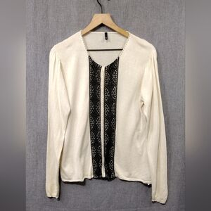 Tahari Silk Cotton Sweater Women's L Cream Black Office Casual Comfy Retro Y2K